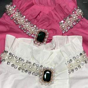 Blusias femininas estilo luxo mulheres que provocam diamante de diamante solto de algodão solto de algodão de comprimento médio para 2024 tops blusas brancos preto