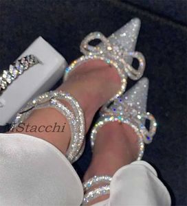 Dress Shoes Sparkling Rhinestone Womens Pump Crystal Bow Satin Sandals 2023 Summer Transparent Shoes High Heel Party Ball Designer ShoesL2405