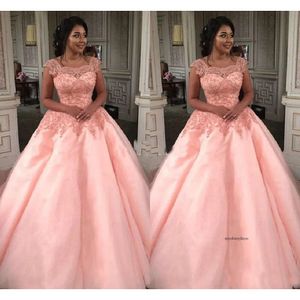 Arabic Blush Ball Gown Dresses Cap Sleeve Appliques Sweep Train Prom Party Gowns For Sweet 15 Vestidos De Quinceanera 0521