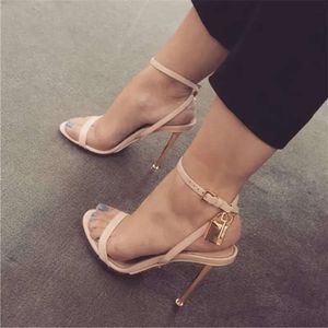 Women Top Brand Fashion Open Toe One Gold Metal Stiletto Lock Design Ankle Strap High Heel San db5