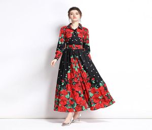 Luxury Designer Floral Vintage Maxi Dress With Belt Women 2022 Prom Long Sleeve Runway Button Up Shirt Dresses Spring Autumn Offic1509195