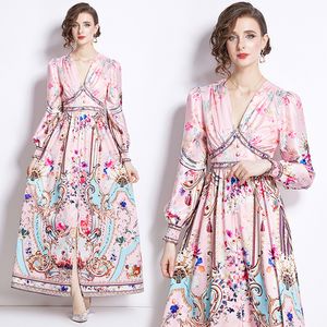 Винтажное цветочное v-образное вырезок Maxi Swing Dress Designer Designer Женщины Элегантные печатные империи талия