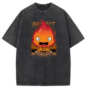 Calcifer Demon T Shirt Hip Hop Fall مغسول Tshirt Retro Sweatshirts للأولاد على الأكمام الطويلة على غرار الشارع Street Guffy T Shirt 240521
