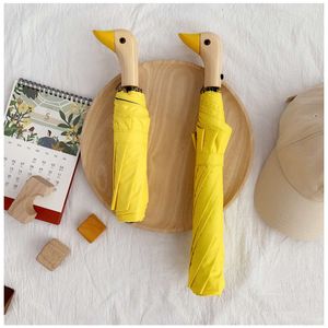Cute Duck Head Wooden Handle Folding Semi-Automatic Sun Windproof Black Coating Uv Protection Lady Umbrella L2405