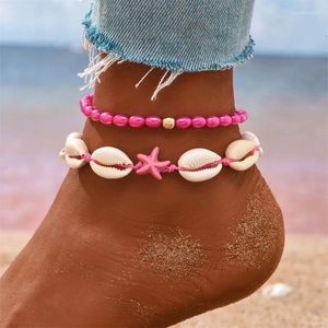 Anklets Böhmen Starfish Conch Shell Beads Anklet For Women Double Heart Beaded Leg Chain Summer Beach Party Barefoot Sandal SMEEXKE