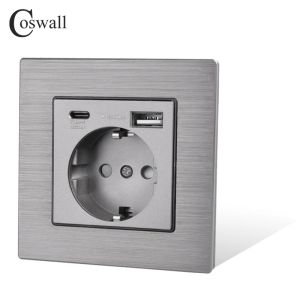 Coswall Siyah / Gümüş Gri Fırçalı Alüminyum Panel AB Çıkış Duvar Güç Soketi Topraklı, 18W T Tip A Çift USB Fast Charger