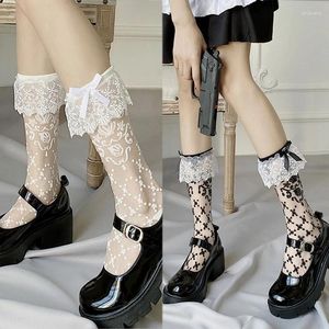 Women Socks Girls Summer Thin Glass Fiber Calf French Maid Sweet Ruffled Lace Trim Bowknot Plaid Patterned Cosplay 37JB