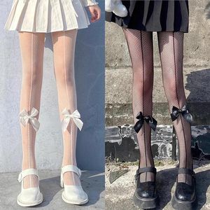 Kvinnors strumpor lolita bowknot ihåliga strumpbyxor sexig tunna sommarens höstinsatser spetsar tights svart vitt fisknät siden strumpor för kvinna