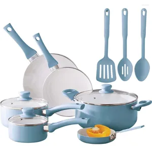 Cookware Sets Blue Linen Cooking Pots Set Ceramic Kitchen Utensils Dining Bar Home Garden 12 Pcs