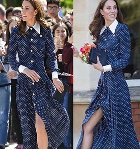 Kate Middleton Long Dress High Quality WomenS Fashion Party Casual Vintage Elegant Gentlewoman Buttons Dots Print Dresses Y2008057177476
