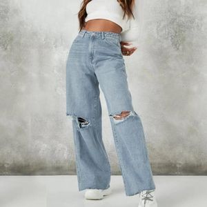 Kadın Kot Deliği Düz Kadınlar Yüksek Bel Geniş Bacak Bulbalı Patenci Belden Bel Yırtıcı Denim Pantolon Y2K Street Giyin