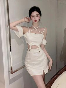 Work Dresses Gyaru Y2k Matching Sets Off Shoulder Halter Irregular Crop Tops Forked Mini Skirts Summer Design Streetwear Sexy Women Clothing