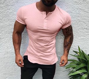 Men039s Tshirts Stylowe proste blaty Mężczyzn Koszula z krótkim rękawem Mięsień Joggery kulturystyka męskie ubrania Slim Fit Białe różowe tee7833940