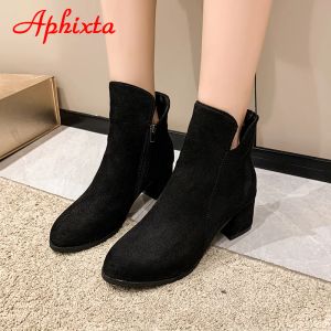 Aphixta 2023 Winter Zipper Warm Plush Ankle Boots Women 6cm Square Heel Beige Flower Zip Lady Footwear Shoes Super Big Size 50