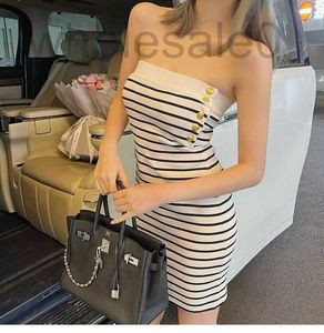 Basic & Casual Dresses designer High quality CE Home Summer New One Shoulder Bra French Wrap Chest Stripe Metal Buckle Hip Knit Dress D10V