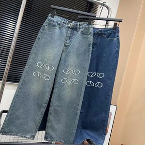 Designer kvinnors jeans broderade logotyp casual lös bred ben raka ben kvinnor denim byxor