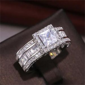 Court Vintage Mens anel de prata princesa cortada CZ noivado de pedra anéis de casamento para mulheres presentes de joias