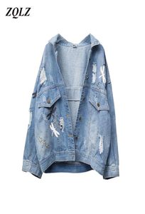 ZQLZ Plus Size 5XL Autumn Denim Jacket Women 2020 New Embroidery Patterm LapelルーズジーンズコートThin Spring Jackets Womens5476364