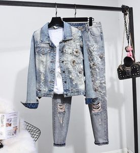 Nya höstens vinterbanor Jacka Jeans Set Female Beading broderi Flower Jean Jackets Coat Long Pants Women Two Piece Outfit1568981