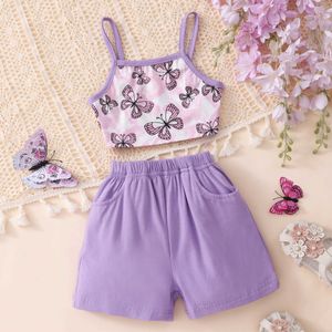 Clothing Sets Summer girls Casual Purple Butterfly Set Fashion Casual Beautiful Strap Set Cotton Printing Tops Suits Casual Breathable Set Y2405204PP2