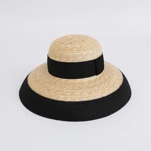 Chapéus largos de aba coreana Bloqueio de cor grande francês French Vintage Hepburn Straw chapéu mulheres elegantes férias de verão férias de sol