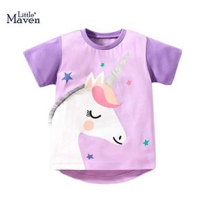 T-shirts Little maven 2024 Girls Purple Tops Tees Shirts Cartoon Pattern Baby Girls Clothes for Childrens Clothing Summer Y240521