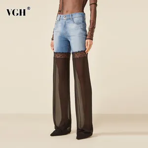 Women's Jeans VGH Sexy Patchwork Lace Denim Pant For Women High Waist Spliced Pockets Hollow Out Loose Wide Leg Pants Female Fashion Style