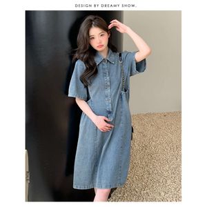 2024 Summer Maternidade jeans de manga curta Botão de gola virada Fly Gretida Woman Cotton Dress Cotton Dress Venage Gravidez Vestidos L2405