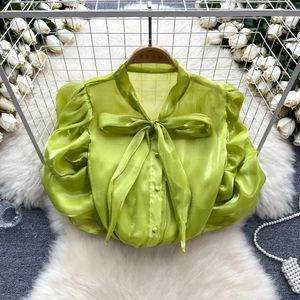 Camicette da donna estate v al collo chiffon blusa francese leggero lussuoso camicia manica a bolle con papillon design elegante un unico top