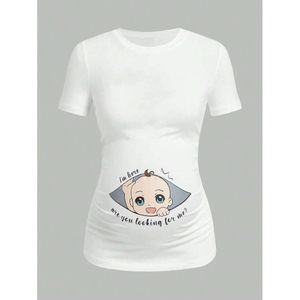 Schwangerer Frau Slogan und Charaktermuster T-Shirt Casual Bottom Shirt kurzärmeliges Top L2405