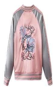 Floral Birds Embroidery Souvenir Bomber Jacket Women Baseball Pocket Harajuku Pink Contrast Satin Duster Coat Sukajan1250139