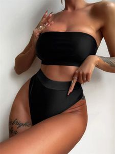 Женские купальные купальники для женских купальников 2024 Black Bandeau Bikinis Set Sexy Thong Summer Two Piece Bearchie