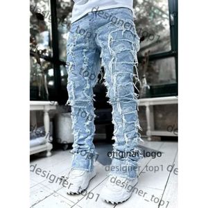 Tassels Europäische und amerikanische Schwergewichts -Strecke -Patch -Jeans für Männer High Street Straight Fit Long Jeans F3AF