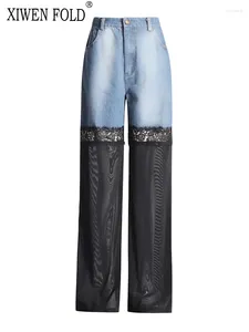 Kvinnors jeans xiwen 2024 Summer spetsnät lapptäcke kontrastfärg hög midja a-line elastisk rak cool design xf2106