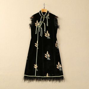 Spring Black Floral Embroidery Velor Dress Sleeveless Stand Collar Paneled Short Casual Dresses S4J090104 Plus Size XXL