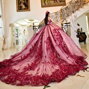 Red Ball Gown Quinceanera Dress Tulle Appliques Flowers Beads Tull Off Shoulder Sweet 16 Birthday Party Formal Vestidos De 15 Anos