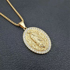 Virgin Mary Pendant Necklace 14K Gold Women Christian Jewelry Lady of Guadalupe Miraculous Oval Madonna Necklaceelry