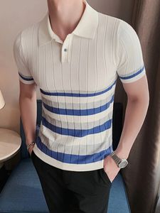 Mens Short-Sleeved Knitwear Sweater Striped Contrast Polo Neck Summer Comfortable Breathable T-Shirt Fashion Casual Collar 240521