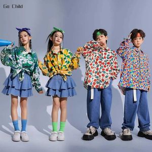 Set di abbigliamento ragazze hip hop ragazze colorate camicia floreale in jeants camicetta per bambini bluse boys da ballo jeans jeans siet jazz set per bambini costumi streetwear y2405208ldc