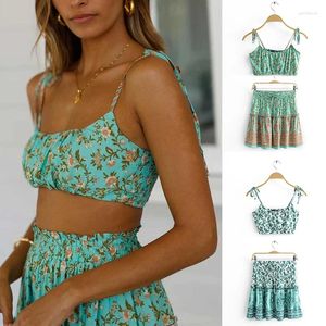Work Dresses Vintage Chic Bohemian Floral Print Women Vacation Outfit 2 Piece Set Strap Sleeveless Top And Drawstring Mini Skirts Sexy
