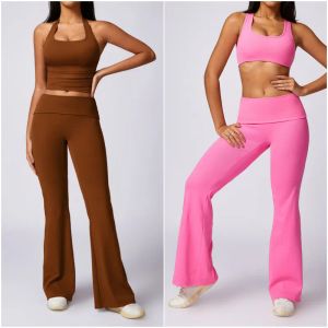 LL8713 Women Yoga Outfit Two Pieces Sets Bra Flared ll Pant Close-Fitting High Waist Sport Running Long Pants Sleeveless Tops Elastic Gym Sportwear Suits