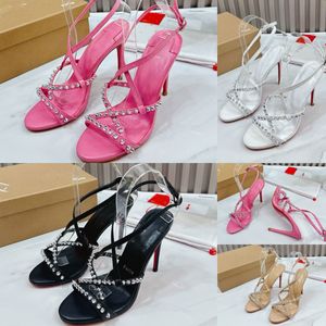 하이힐 샌들 디자이너 샌드 샌드 힐스 힐스 신발 스파이크 금속 10.5cm Stiletto Heels 얇은 교차 끈 Sandale Summer Partydress Peep Toe Evening Shoes