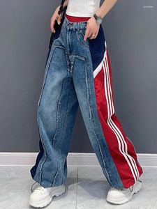 Kadınlar kot qing mo kırmızı 2024 geniş bacak pantolon ağır patchwork şeritler eski gündelik moda gevşek zxy181 yapmak için su yıkama