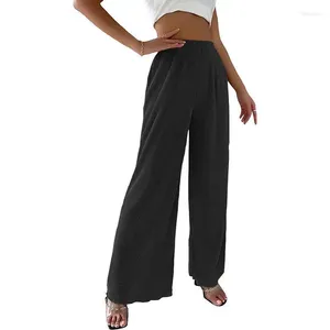Calça feminina calça 2024 Moda de verão casual cor sólida de cor planta plissada de perna larga fêmea de rua