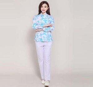 Kvinnor Fashion Blue Printed Medical Uniform Beautolog lång ärmstativstativ Krash Set Nurse Work Lab Coat5906159