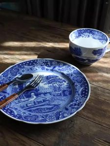 Plates British Classic Blue And White Retro Tableware Castle Plate Cereal Cup