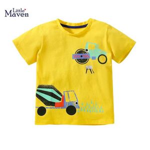 T-shirts Little Maven 2024 Summer Boys Shorts Sleeve Shirts Mixer Truck and Road Rolling Machine Cartoon Baby Boys Tops Tees i 4 år Y240521