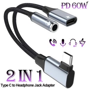 2 в 1 OTG Elbow USB Тип C до 3,5 мм Aux Jack Audio Adapter Adapter Splitter 60 Вт быстрая зарядка для Samsung Xiaomi iPhone 15