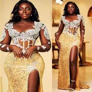 2024 ASO EBI GOLD PROM VEDORES PARA OCASSIONOS ESPECIAIS Promdress ilusão lateral lateral do pescoço Split splinestones contas com laca de renda de renda de renda vestidos de recepção