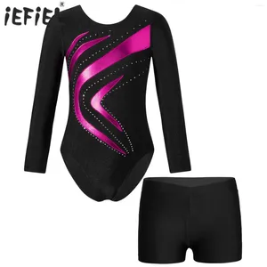 Clothing Sets Kids Girls Ballet Dance Set Long Sleeve Rhinestones Leotard With Shorts For Sports Gymnastics Performance Competition Outfits